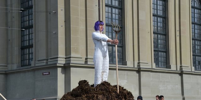 Wie eine Helvetia posiert die Künstlerin Barbara Kiener auf ihrem Misthaufen, mitten in Bern. (Bild jsc)