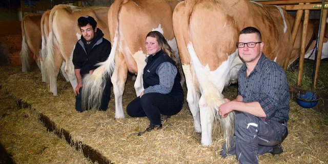 Für Christian und Laura Wüthrich sind ihre Kühe alles: Ihr Herz schlägt zudem für die Reinzucht. Auch Christians Bruder Nicolas (links) bedeutet die Viehzucht viel. 