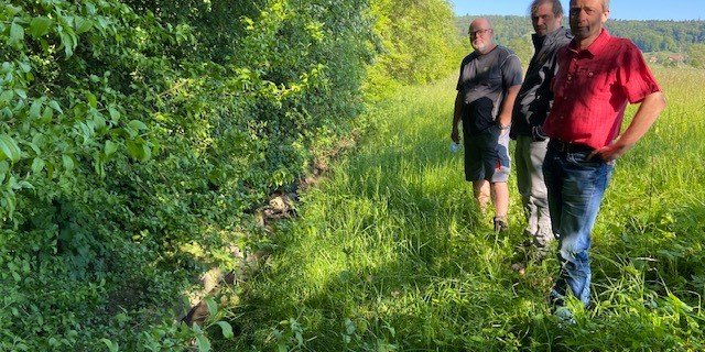 Landwirt Markus Lüscher, Dominik Füglistaller von der HAFL und Michel Gygax von der Fachstelle für Pflanzenschutz Kt. Bern (v.l.) am Chrümmlisbach. (Bild akr)