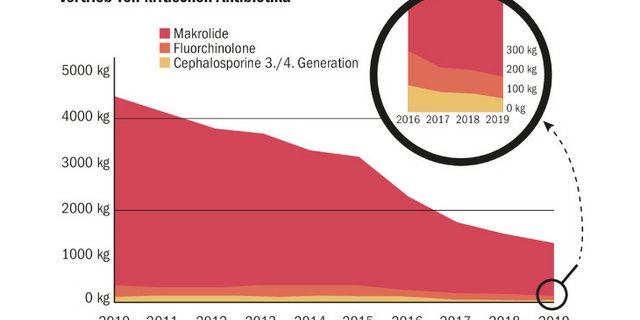 Diese Grafik zeigt, dass der Einsatz von kritischen Antibiotika in der Veterinärmedizin in den vergangenen zehn Jahren, bis 2019, deutlich abnahm. (Grafik BLV)