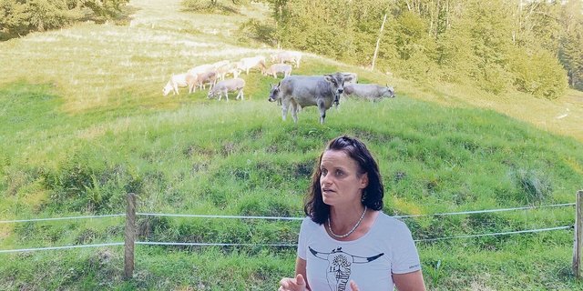 Eine engagierte Botschafterin für die Landwirtschaft: Marlen Koch-Mathis erklärt bei einer Führung die standortgerechte Landnutzung mit Grauvieh. 