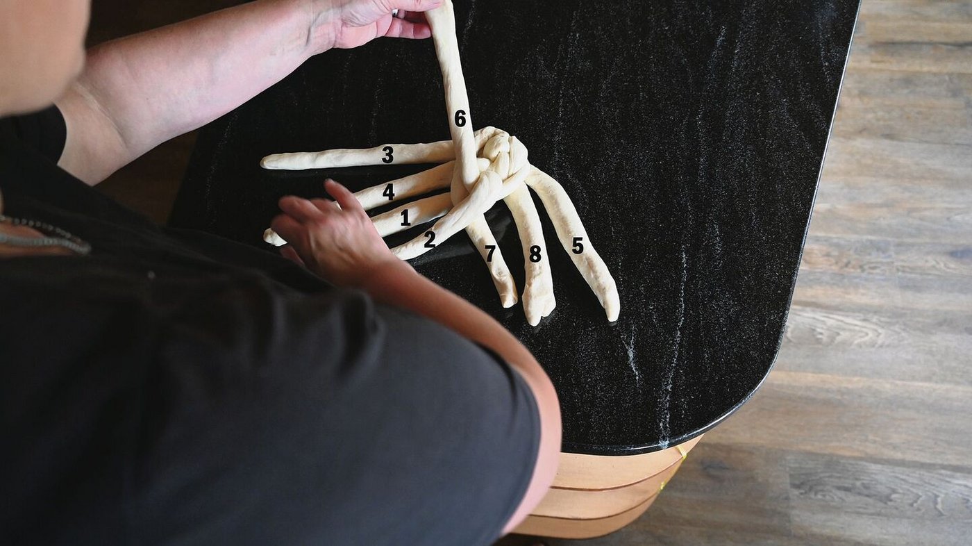 Mit linker Hand unter rechtem Arm durchgreifen und Strang 6 holen, kreuzen. Rechte Hand legt Strang 2 neben Strang 1 ab. 