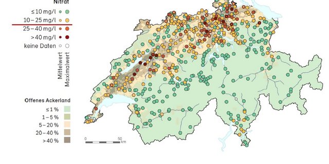 Die Nitratmessstellen und ihre Werte. (Quelle Naqua/Bafu)