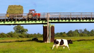 Ein Traktor fährt mit einer Ladung Heu über eine Brücke.