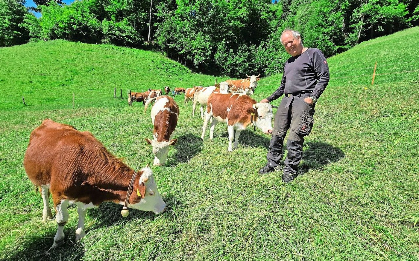 Andreas Schneider inmitten seiner Rinder und Kühe: Mit ihnen produziert er nicht nur Fleisch, sondern auch Muka-Milch in Demeter-Qualität. Verarbeitet wird sie in der Bio-Käserei in Worb.