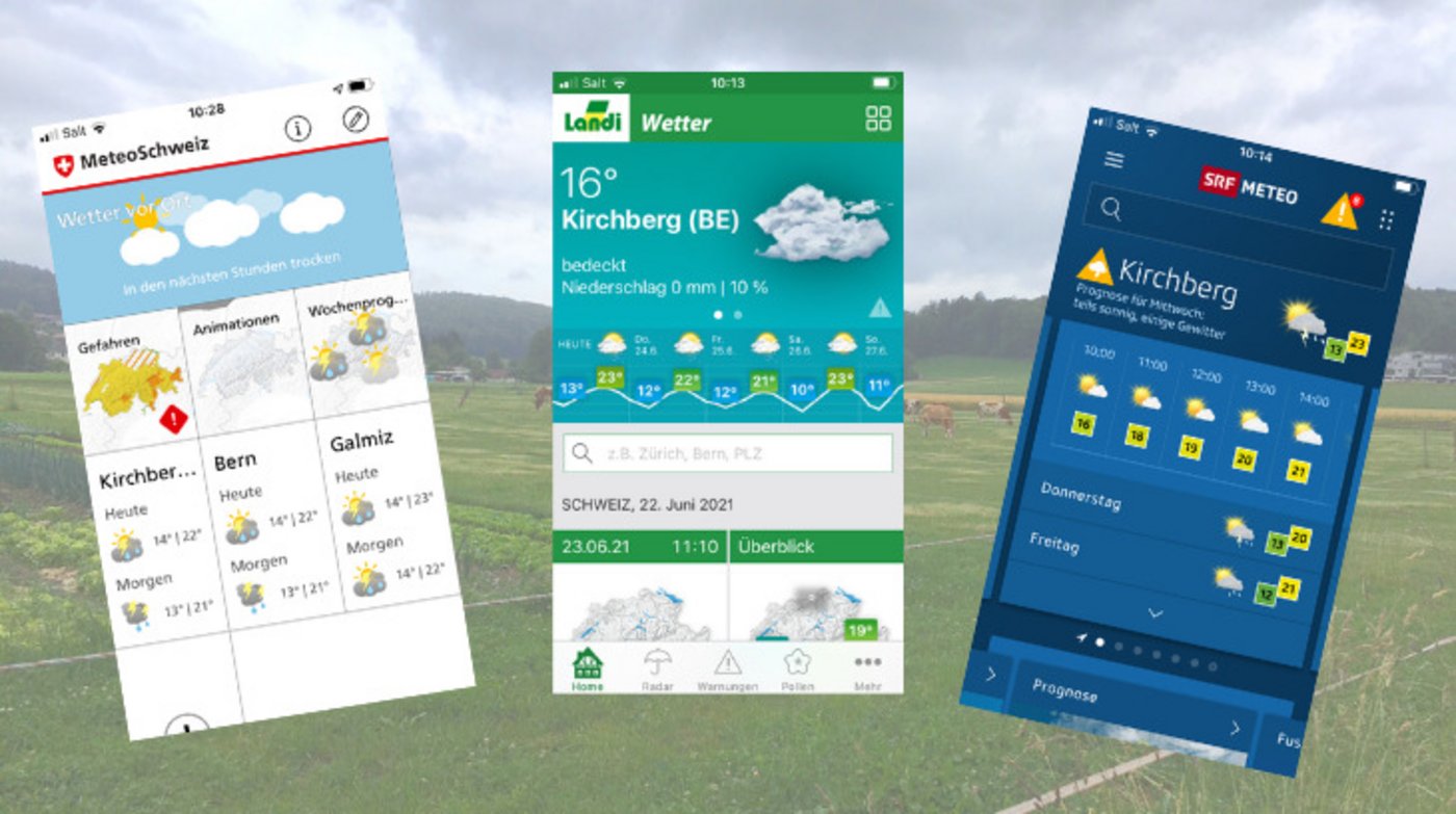 Verschiedene Wetterapps nutzen einen Berg von Daten und eigene Berechnungen für ihre Prognosen. Ausserdem unterscheiden sie sich stark darin, wie sie Informationen darstellen. (Bilder jsc)
