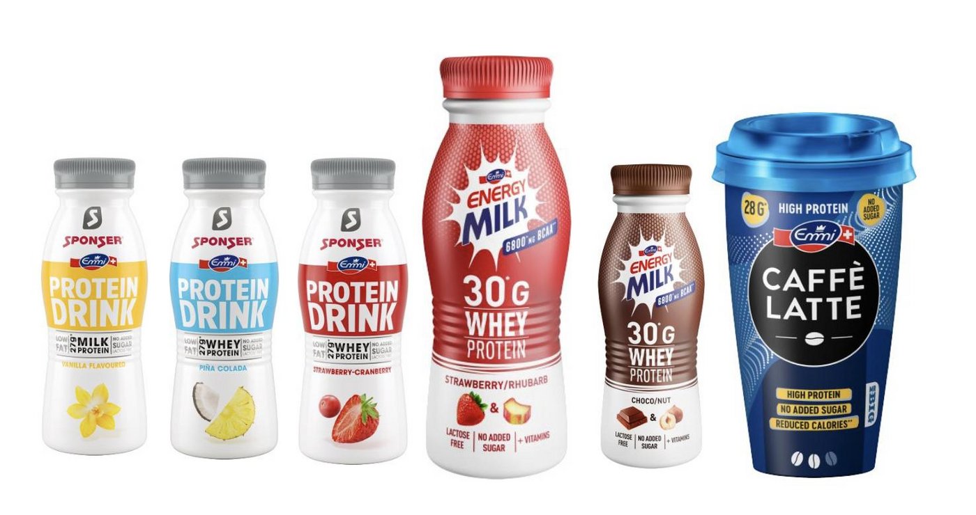 Der erhöhte Eiweiss-Gehalt wird entweder über den Zusatz von Milch- oder Molkenprotein erreicht. (Bilder zVg / Montage jsc)