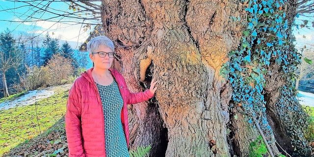 Doris Brönnimann mit einer über 300-jährigen Linde, die auf dem Hof steht. «Die Linde war vor uns allen da», sagt die 60-Jährige. Der Betrieb wird seit zwei Jahren von ihrem Sohn und dessen Partnerin bewirtschaftet.