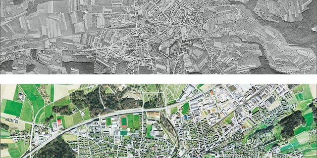 Frauenfeld 1946 und heute: Amerikanische Luftaufnahmen zeigen, wie hart die Zivilisation in die Kulturlandschaft  eingreift. Ihr Dorf finden Sie unter www.swisstopo.admin.ch. (Bild Swisstopo)
