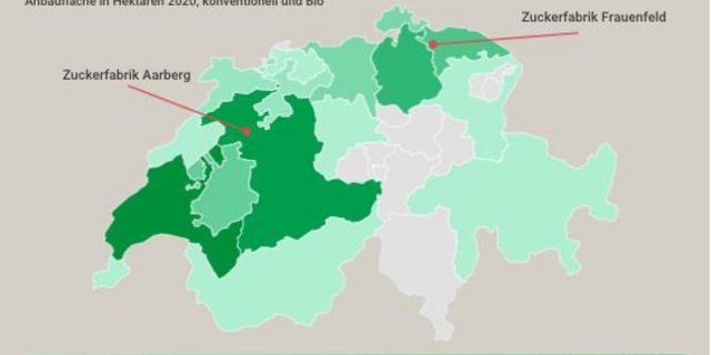 Die Anbauflächen von Zuckerrüben sind sehr ungleichmässig über die Schweiz verteilt. (Grafik lid)
