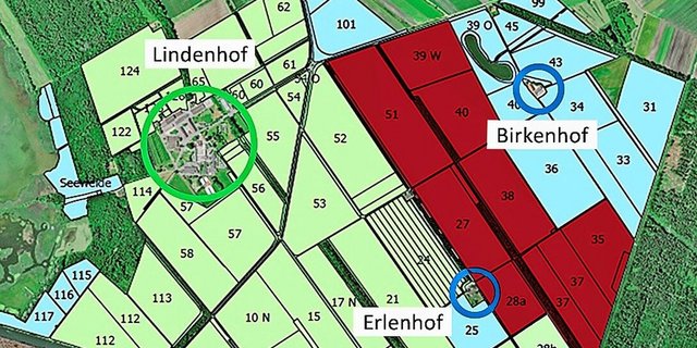 Der grüne Bereich verbleibt bei der JVA Witzwil. Der rote Bereich wird für den Landabtausch verwendet. Zum Verteilen an die lokalen Bewirtschafter bleibt nur noch der blaue Bereich.   