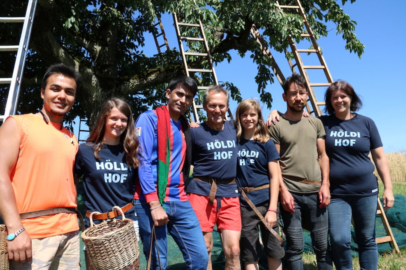 Im Pilotprojekt „Flüchtlinge helfen bei der Ernte von Hochstammkirschen“ arbeiten auf dem Höldihof vier Flüchtlinge als Erntehelfer mit. Unter den Kirschenbäumen wird zusammen gegessen und geredet. (Bild Benildis Bentolila)