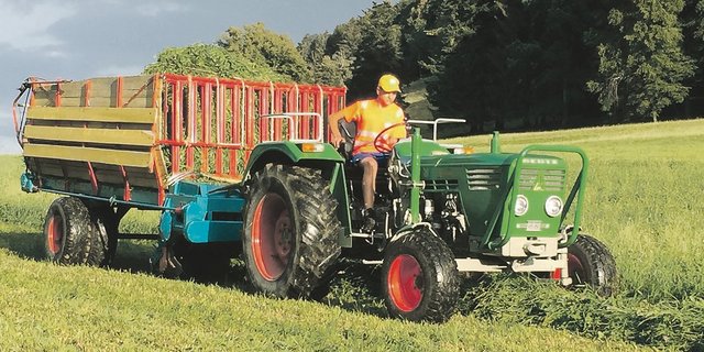 Der Deutz D5506 im Einsatz mit dem ebenso alten Ladewagen Steyr Hamster Plus 20 S. (Bild Bruno Berger)