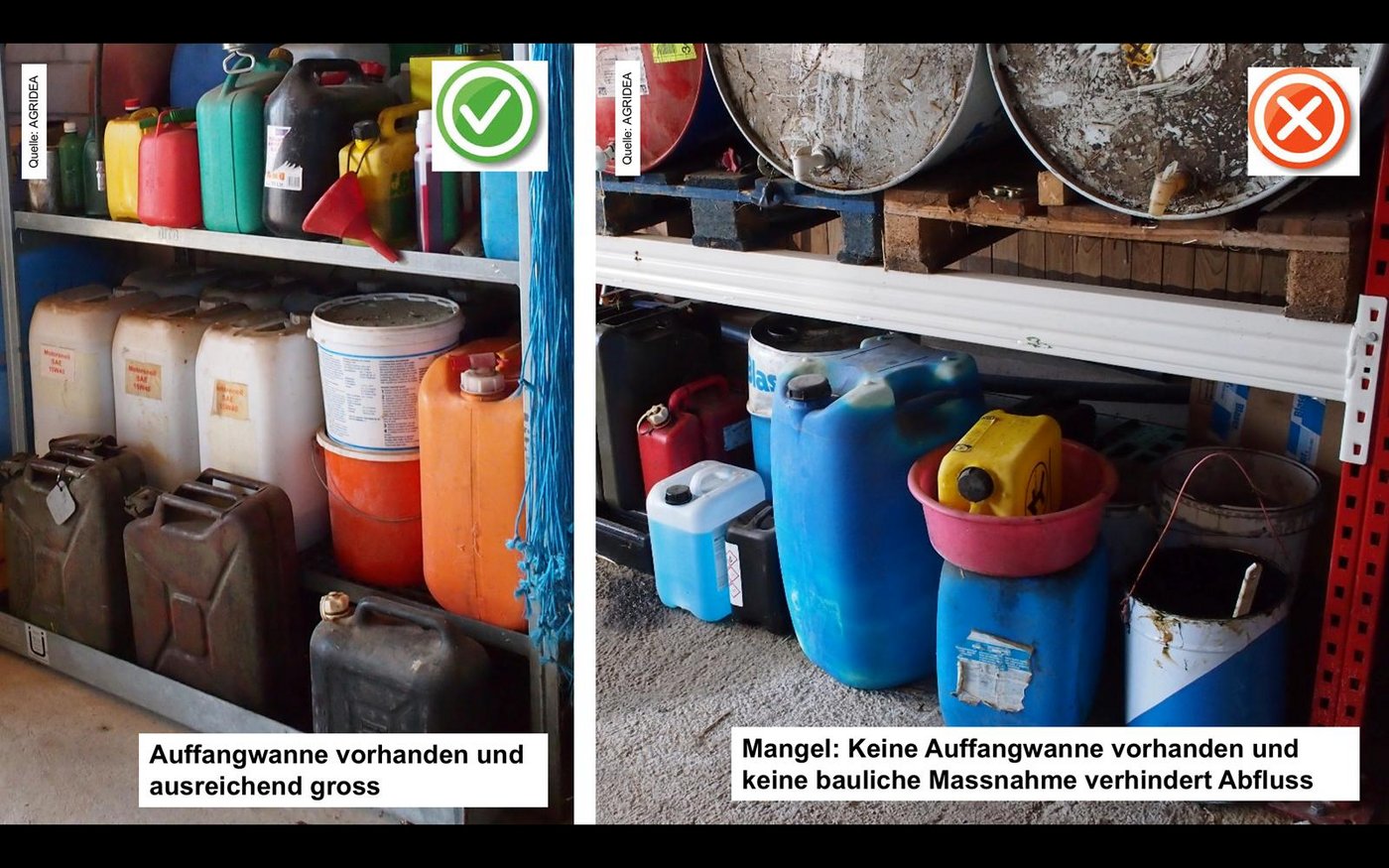 Pflanzenschutzmittel müssen mit einer ausreichend grossen Auffangwanne gelagert werden. (Bilder Agridea)