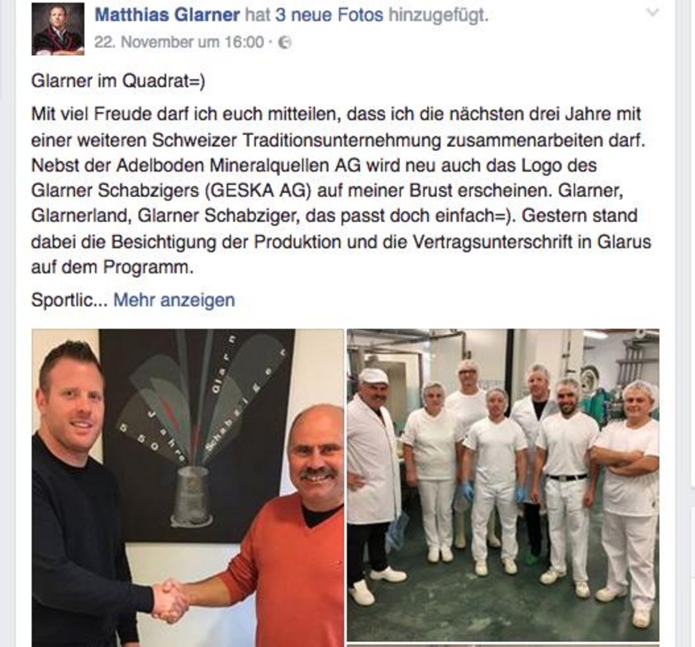 Mit diesem Facebook-Post informiert der amtierende Schwingerkönig seine Fans über den neuen Werbedeal. (Bild Screenshot facebook.com/maetthelglarner)