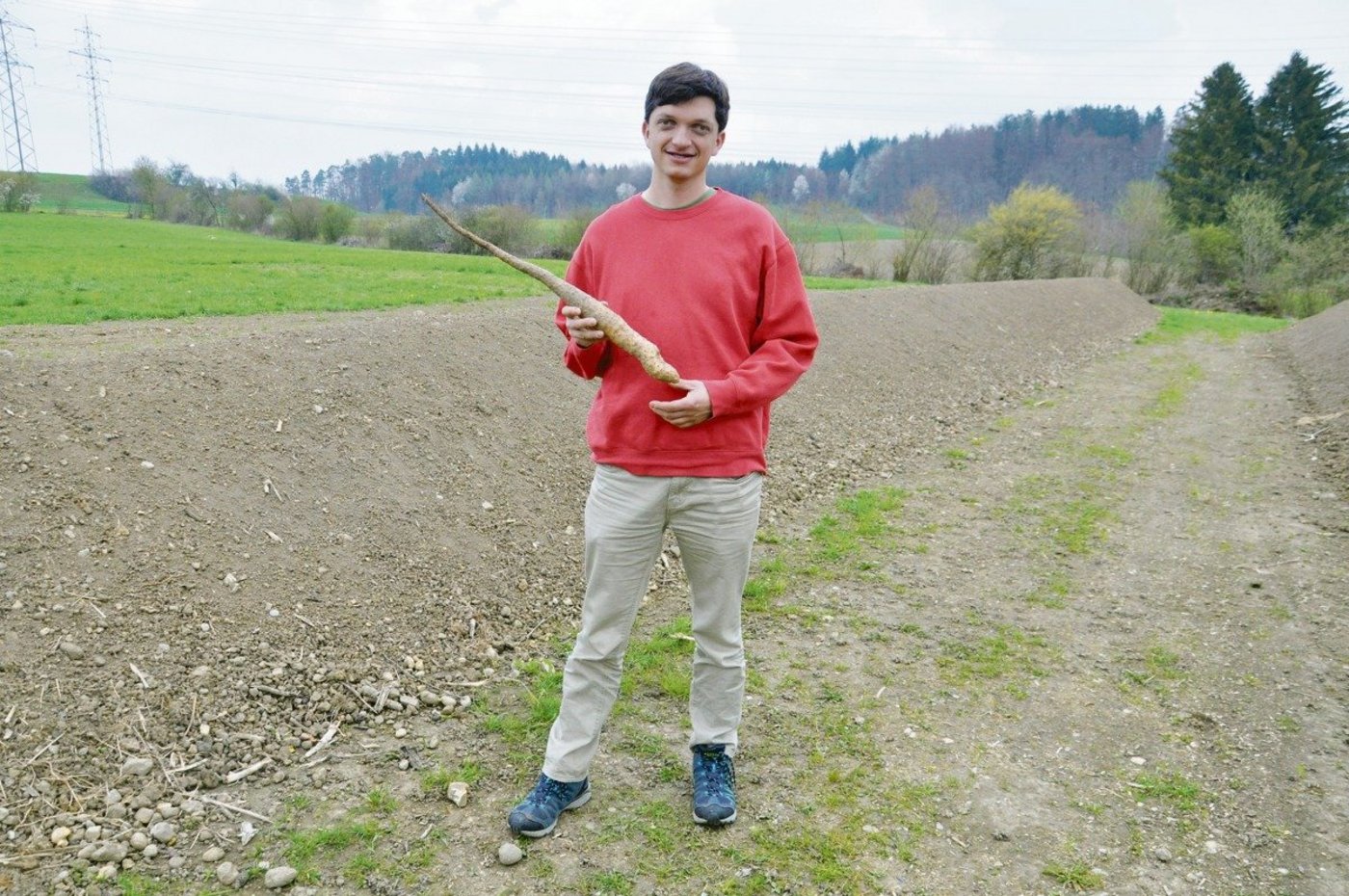 Ortwin Schönholzer mit einer gelagerten Yamswurzel. (Bild Alexandra Stückelberger)
