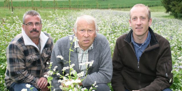 Hinten links die junge Nussbaum-Plantage, in der Mitte die Bienenweide, vorne drei Brückenbauer, von links: Nussbaum-Bauer Armin Lang, Imker Alois Leisbach und Simon Gisler von der Hochstamm Seetal AG. (Bild: zVg)