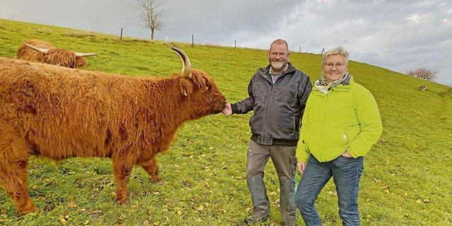 2003 begannen Max Flückiger und Regula Maag mit zwei Highland Cattle. Mittlerweile haben der Landwirt und die Heilpädagogin eine Herde von 22 Tieren.