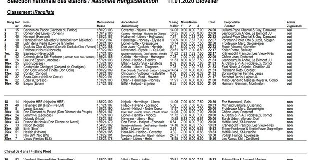 Rangliste der nationalen Hengstselektion der Freibergerpferde in Glovelier 2020. (Bild Screenshot)
