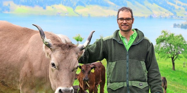 Adrian Iten-Marty setzt auf seinem Bio-Bergbetrieb oberhalb des Ägerisees auf die Ammenkuhhaltung, weil die Ressourceneffizienz bei dieser Produktionsform besser ist als bei der normalen Mutterkuhhaltung.