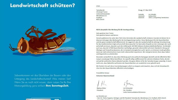 Das Inseratesujet der Tamedia und das Protestschreiben des SBV. (Bildmontage sbu)
