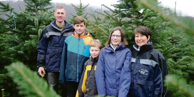 Familie Schmid in ihrer Christbaumplantage. Dieser Betriebszweig hat jetzt Hochsaison, gibt aber immer zu tun.(Bild Patrick Schellenberg)