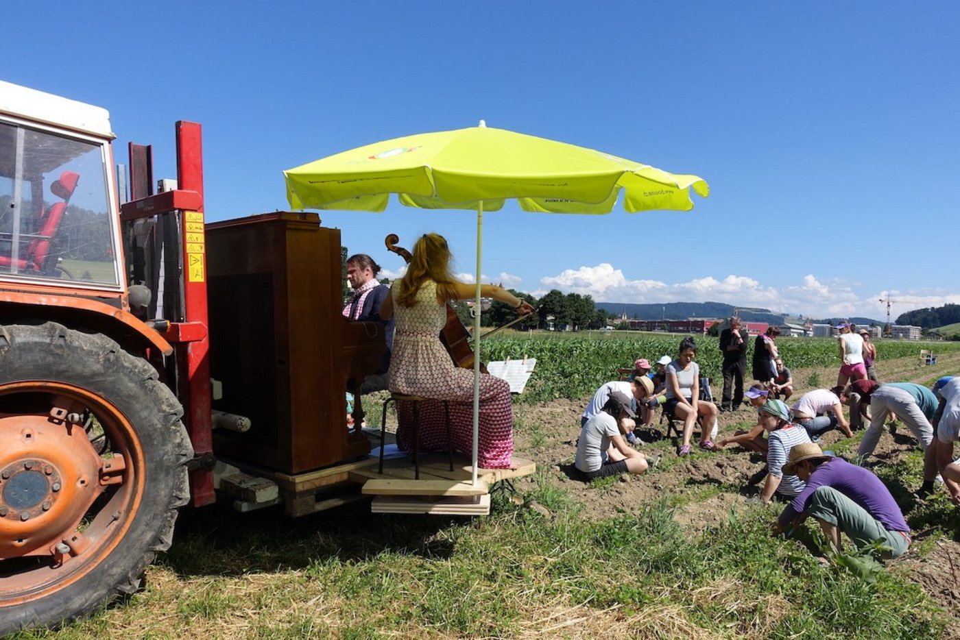 Jäten und doch kein Konzert verpassen. Bei Sonnenschein könnte der Kultursommer der Solidarischen Landwirtschaftsinitiative Radiesli in Worb so aussehen. (Bild zVg)