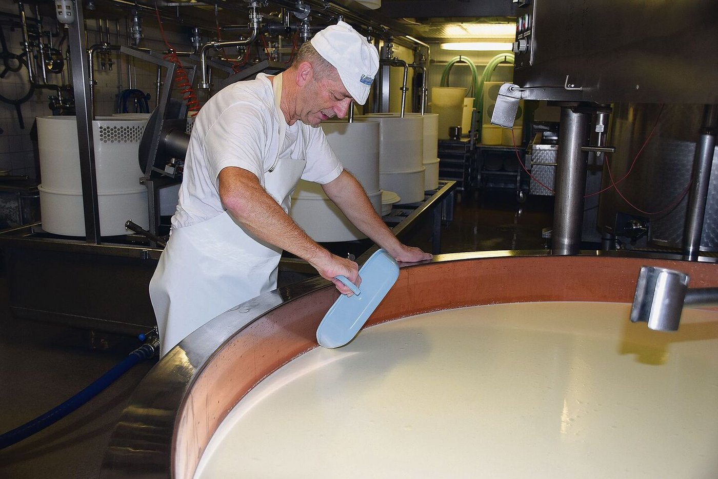 Urs Leuenberger prüft hier, wie dick die Gallerte ist, um weiter mit dem Käservorgang starten zu können.