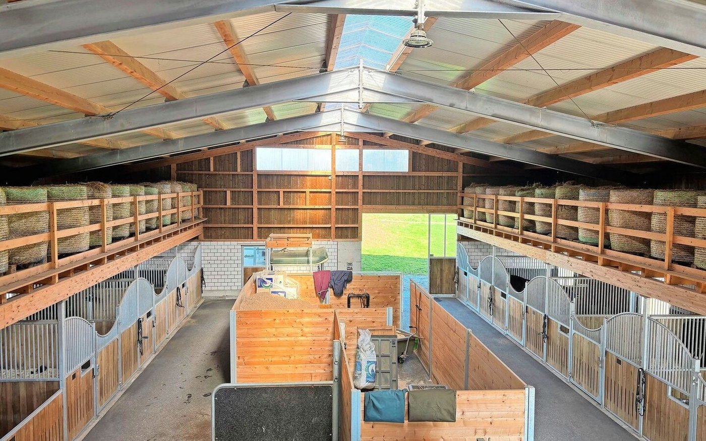 Ein Blick von oben auf das Innere des Stalls: Viele Arbeiten am Neubau hat das Betriebsleiterpaar alleine verrichtet. 