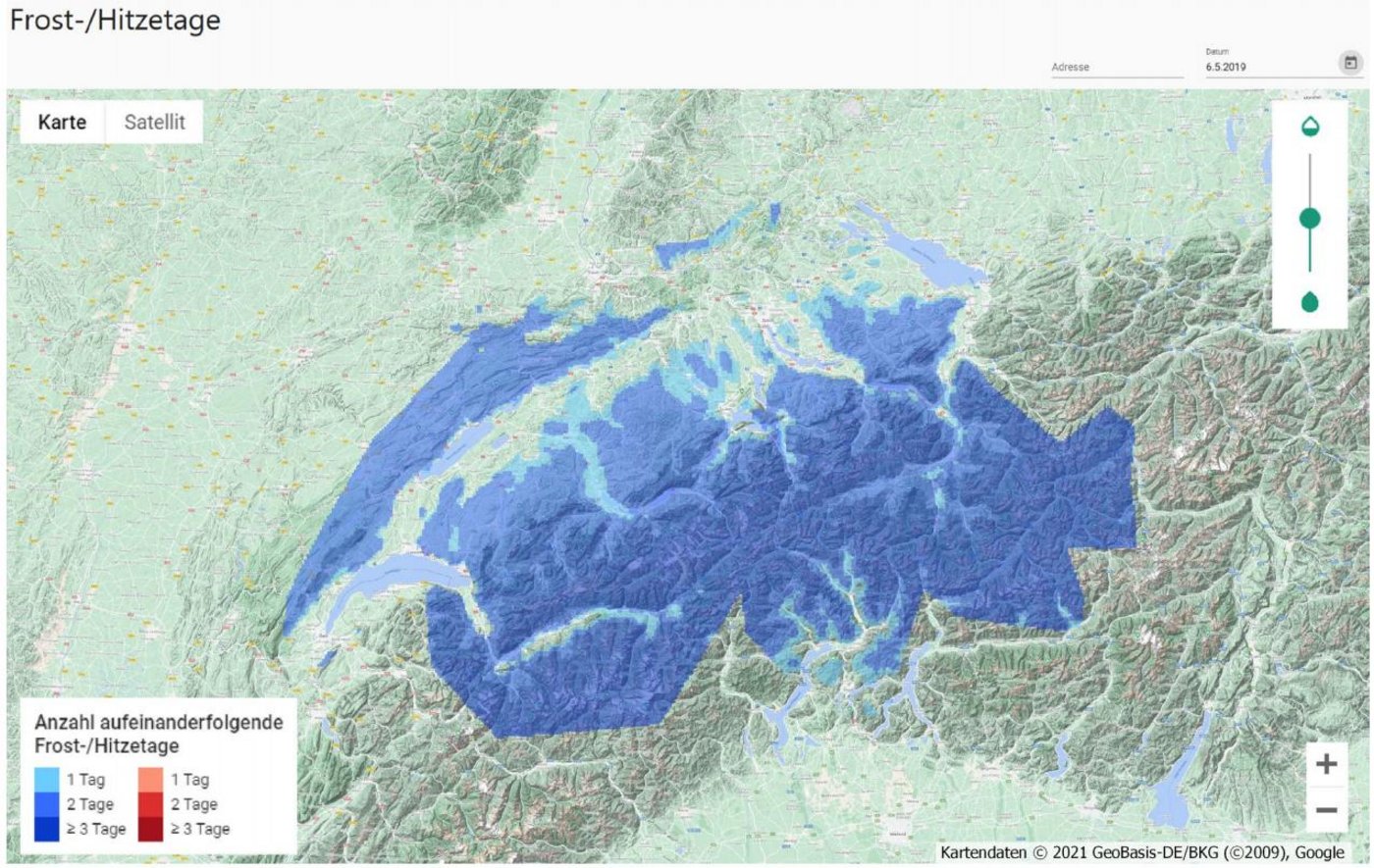 Die blau eingefärbten Stellen zeigen die Frosttage in Folge. (Bild Schweizer Hagel)