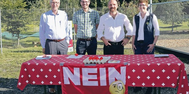 Peter Hegglin, Daniel Sidler, Thomas Rickenbacher und Regula Iten (v. l. n. r.) warben für ein Nein.  