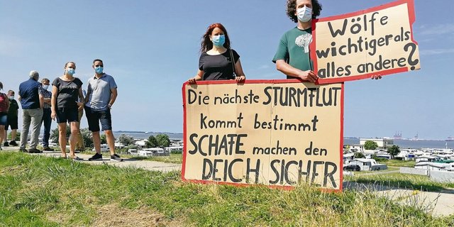 Jutta und Dirk demonstrieren zusammen mit anderen besorgten Bauernfamilien für ein «echtes» Wolfsmanagement auf dem Deich im norddeutschen Butjadingen.