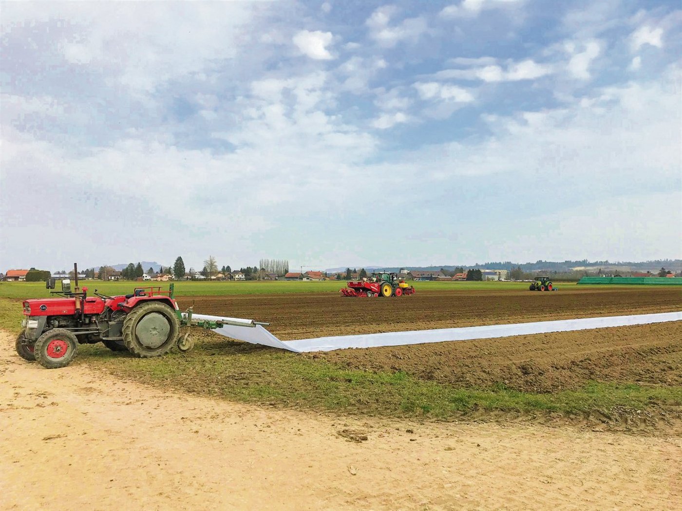 Das Vlies wird auf dem Kartoffelacker ausgelegt, gespannt und dann mit Erde beschwert. (Bild Lukas Streit)