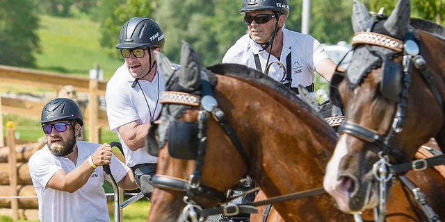 Willy Birrer an den Leitseilen, begleitet von Landwirt Beat Limacher (Mitte), Wiggen LU, und Pirmin Durrer, Kerns LU.(Bild Photoflix)