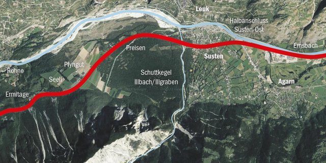 Der nun durch das UVEK genehmigte Ausbau der Rhoneautobahn A9 zwischen Siders und Leuk/ Susten ist ein ambitioniertes Projekt. (Bildmontage BauZ, Daten Dienststelle für Nationalstrassenbau)