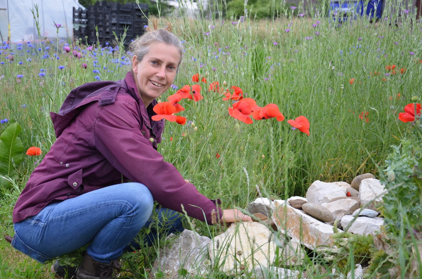 Bioloca Präsidentin Nora Winzeler  ordnet einen Steinhaufen im Kräuterbeet. (Bild Marianne Stamm)