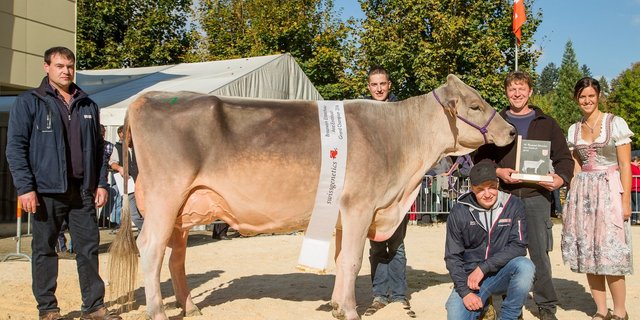 Schönste Braunviehkuh im Entlebuch: Big Boy Polly von Franz Felder-Schenk (rechts) aus Marbach. (Bild Hugo Studhalter)