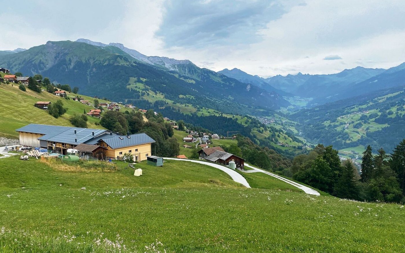 Der Hof der Familie liegt auf 1300 Metern über Meer mit Weitblick bis nach Klosters. Zum Betrieb gehören Geissen, Kühe, Esel, Hühner, Kaninchen, Katzen und ein Hund.