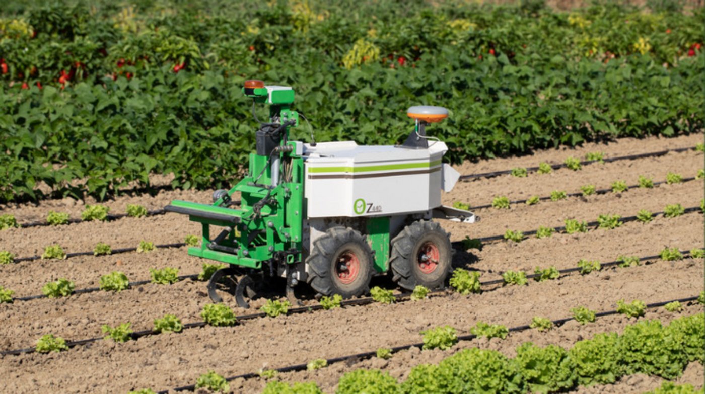 Naïo Oz ist 130 Zentimeter lang, 47 Zentimeter breit und 150 kg schwer. Der Roboter fährt maximal 1,8 km/h, schafft laut Angaben des Herstellers 1000 m2 pro Stunde und hat eine Zugkraft von 300 kg.  (Bilder Naïo Technologies)