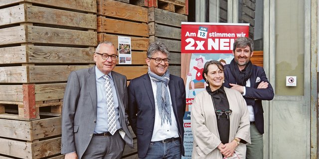 Drei Parlamentarier und eine Konsumentenschützerin votierten auf Einladung des Zürcher Bauernverbands gegen die Trinkwasser- und Pestizidverbots-Initiative (v. l. n. r.): Ruedi Noser, Martin Haab, Babette Sigg und Philipp Kutter.(Bild Christian Weber)
