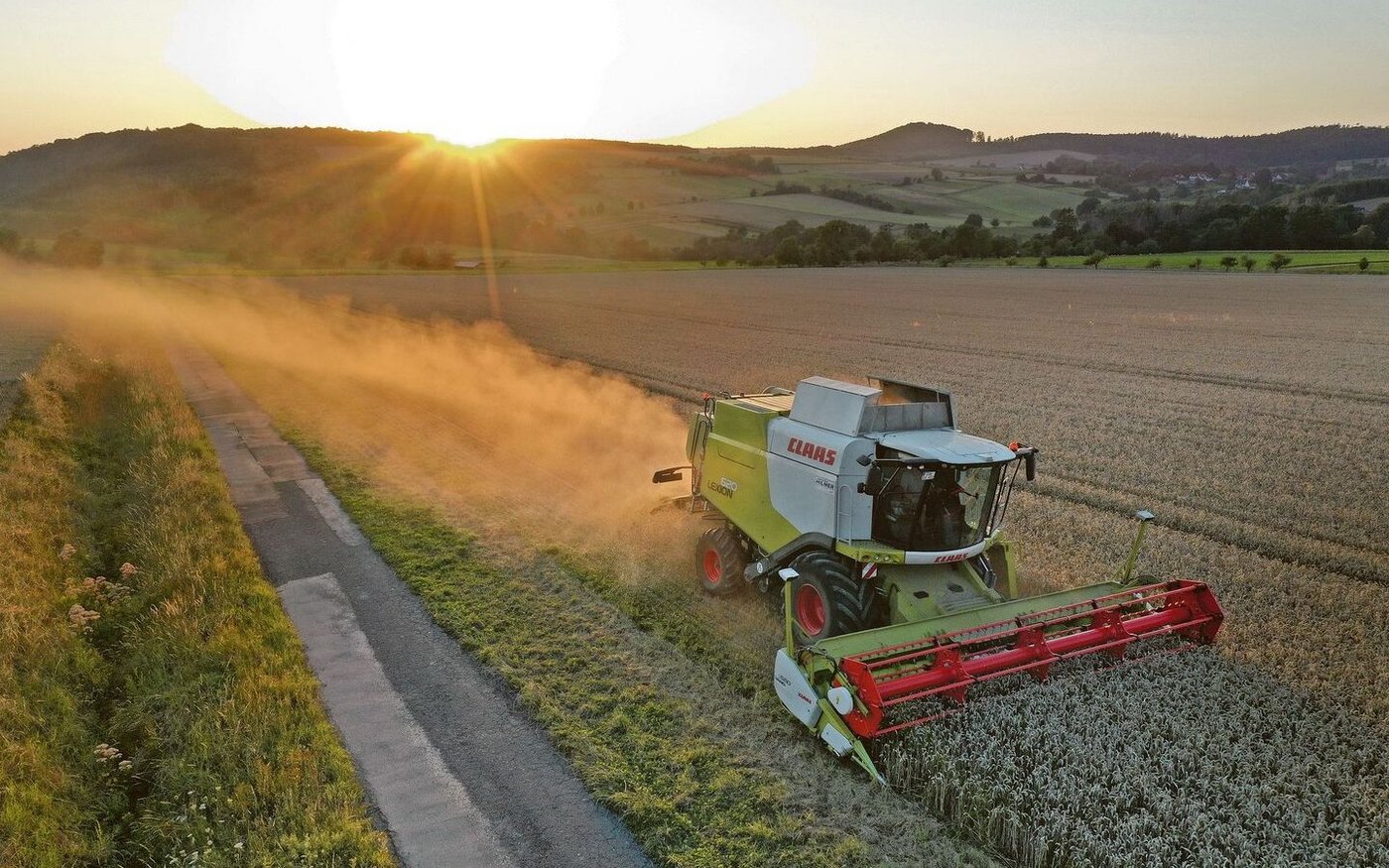 Ein Drescher wirbelt bei der Ernte Staub auf: Als weitere Unterform der exogenen allergischen Alveolitis kennt man auch die «Drescherlunge», die durch Getreidestaub hervorgerufen wird. 