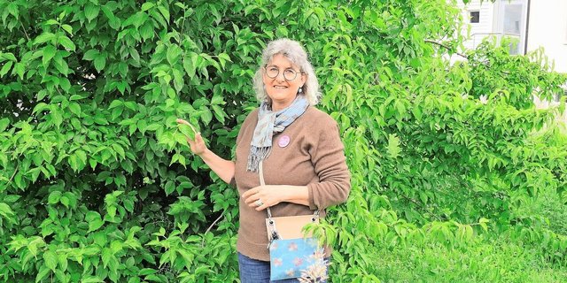 Sabine Bosshard vor einer Kornelkirsche im Schulgarten. Sie weiss, was man in der Küche aus den Früchten zaubern kann.