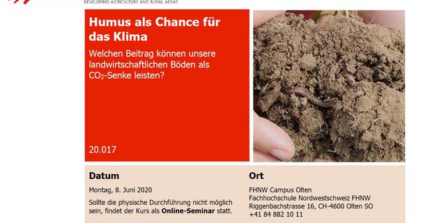 Am 8. Juni wird die Agridea einen Kurs zum Thema Humus und seine Chance für das Klima halten. Falls öffentliche Veranstaltungen aufgrund von Corona noch nicht möglich sein werden, wird dieser Kurs online durchgeführt. (Screenshot Katrin Erfurt)