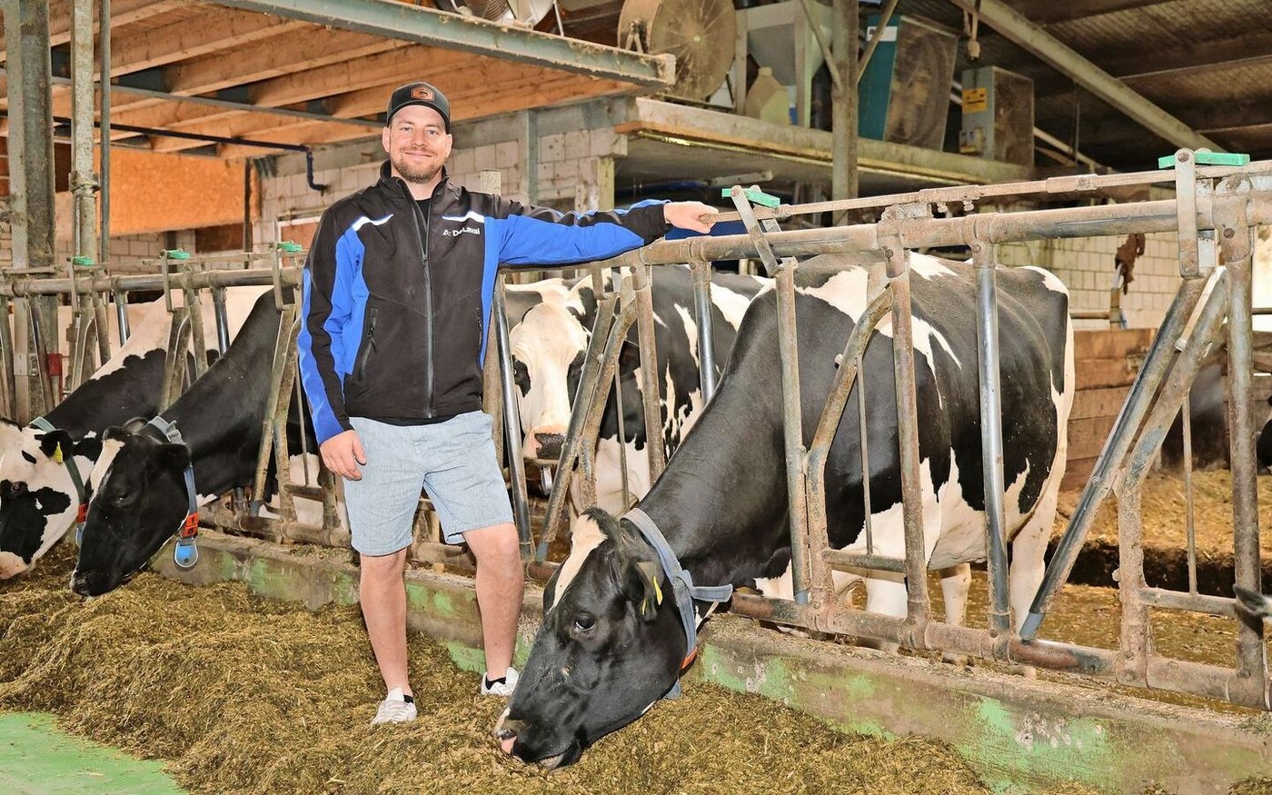 Pascal Krebs neben einer seiner 75 Milchkühe. Im Stall hält er Holstein, Red Holstein und Brown Swiss. Das Melken übernimmt ein Melkroboter, die Milchleistung beträgt 12 000 kg Milch pro Kuh und Jahr.