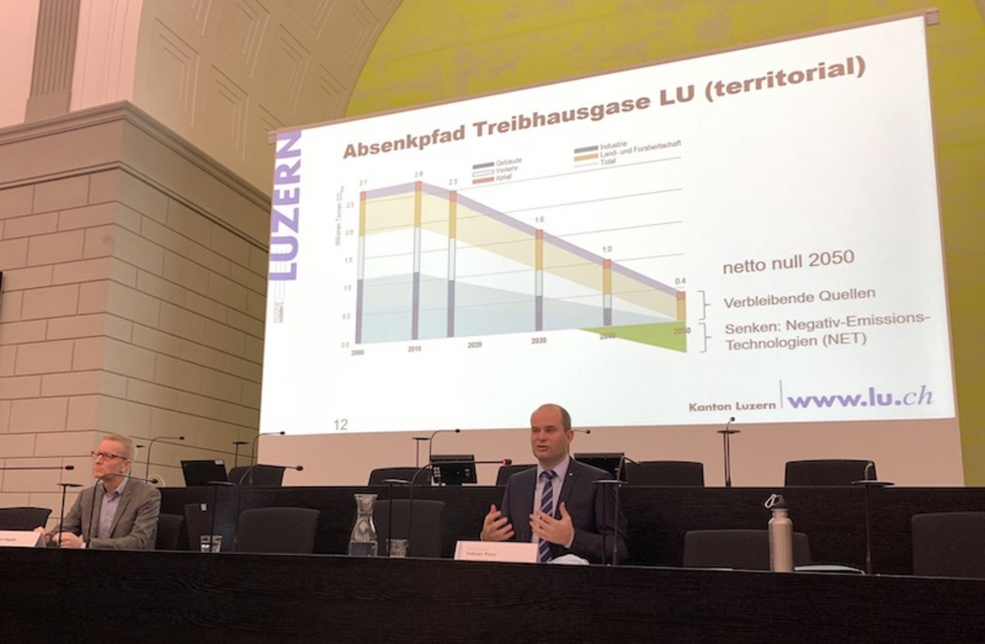 Klimaexperte Jürgen Ragaller (links), und Regierungsrat Fabian Peter (rechts) stellten den ambitionierten Absenkpfad für den Kanton vor. (Bild js)