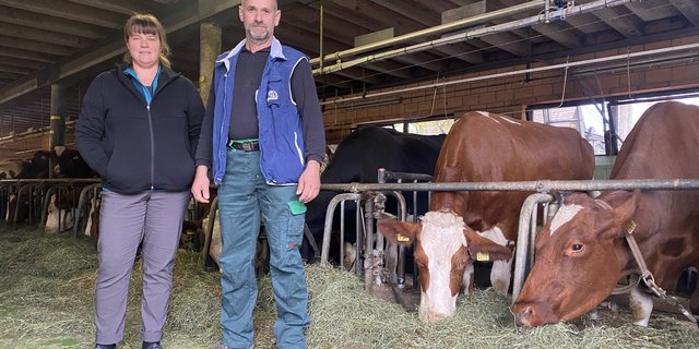 Karin und Hanspeter Röthlisberger in ihrem Stall in Walkringen BE. Seit 17 Jahren leben sie mit Personen auf dem Betrieb, die sich in einer Lebenskrise befinden. «Wenn wir ihnen zurück ins Leben verhelfen können, macht uns das stolz», so die Bäuerin.