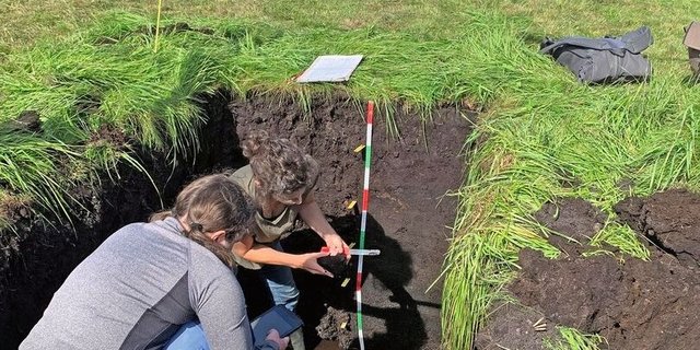Mitarbeitende des KOBO analysieren das Bodenprofil in der bernischen Gemeinde Diemerswil.
