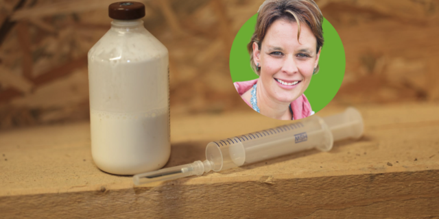 Das Porträt von Simone Barth steht neben einer Flasche Antibiotika und einer leeren Spritze (Symbolbild).