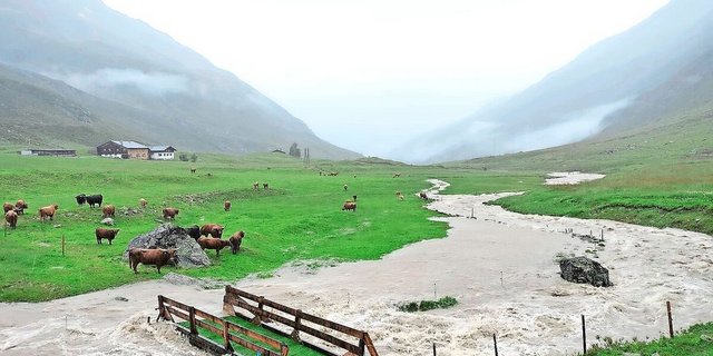 Von Überschwemmungen sind momentan viele Bündner Gemeinden und Täler betroffen. Auf dem Bild: das Dischmatal, wo sich ein kleiner Bach in einen breiten Fluss verwandelt hat.
