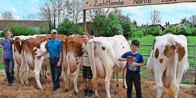 Die Freude über den Erfolg an der Zuchtfamilienschau um Stammkuh Narita (rechts) ist bei Nicole Hälg, Urs Guggisberg und den Söhnen Dario und Armon (v. l. n. r.), gross. 